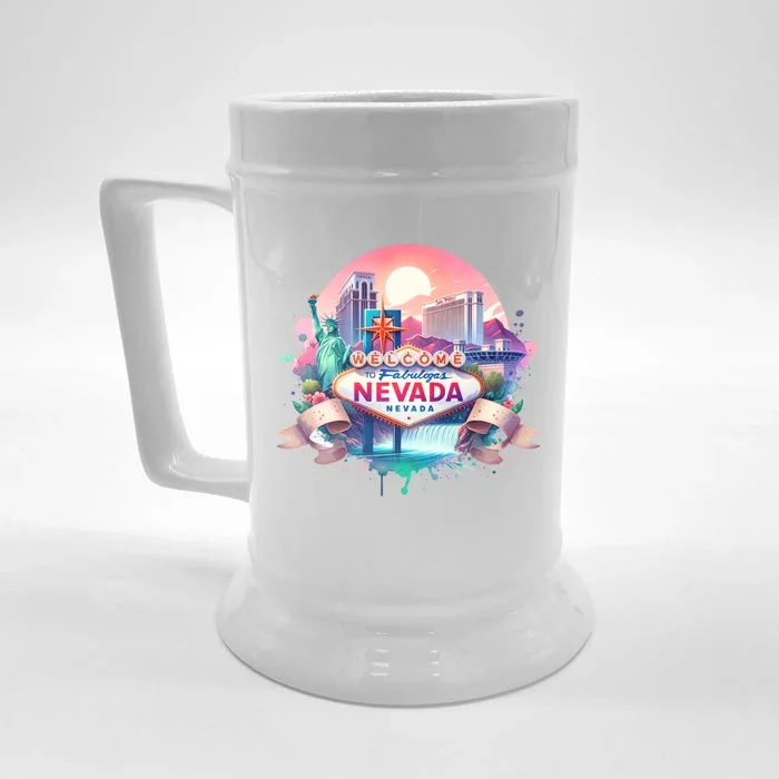 Welcome To Fabulous Nevada Las Vegas Water Color Logo Front & Back Beer Stein