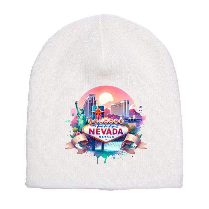 Welcome To Fabulous Nevada Las Vegas Water Color Logo Short Acrylic Beanie