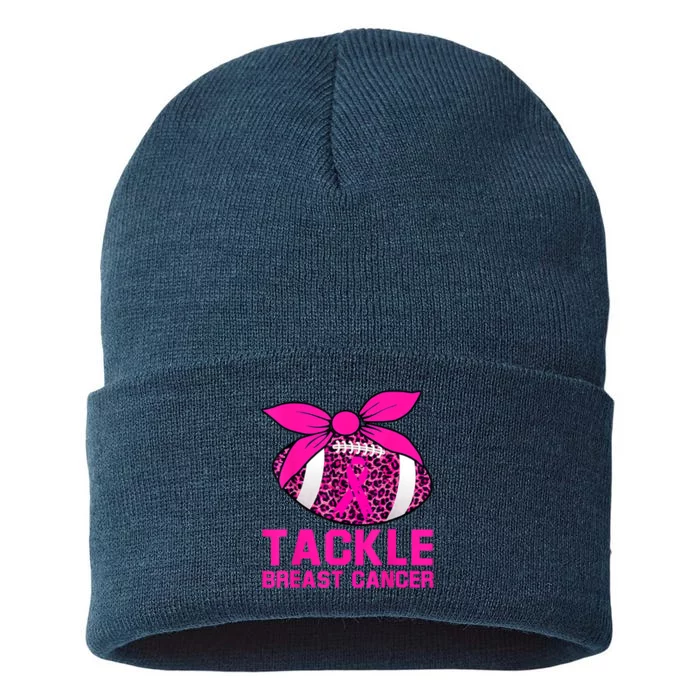 Woman Tackle Football Pink Ribbon Breast Cancer Awareness Sustainable Knit Beanie