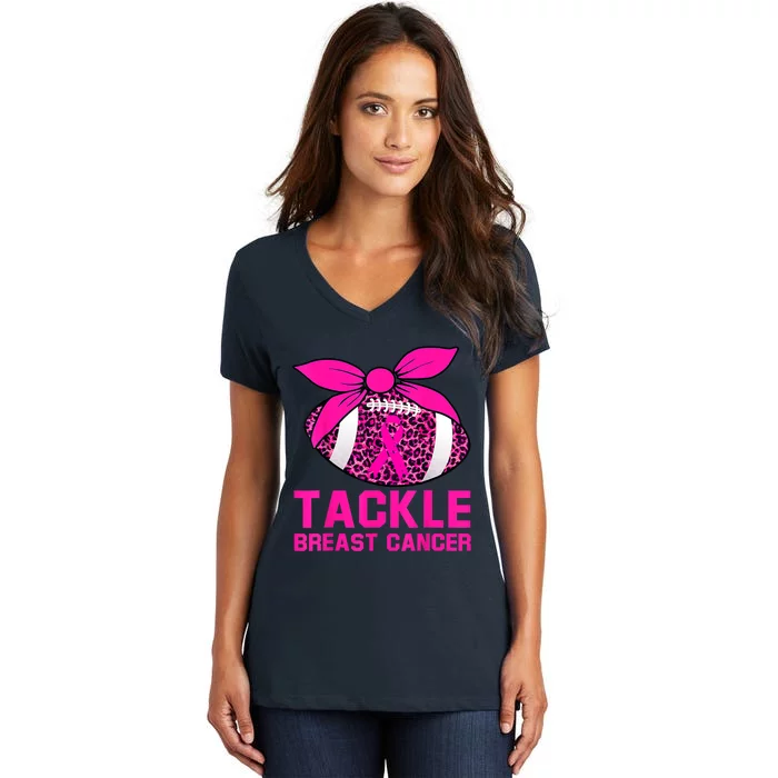 Woman Tackle Football Pink Ribbon Breast Cancer Awareness Women's V-Neck T-Shirt