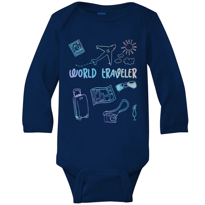 World Traveler Holiday Doodles Vintage Travel Lover Gift Baby Long Sleeve Bodysuit