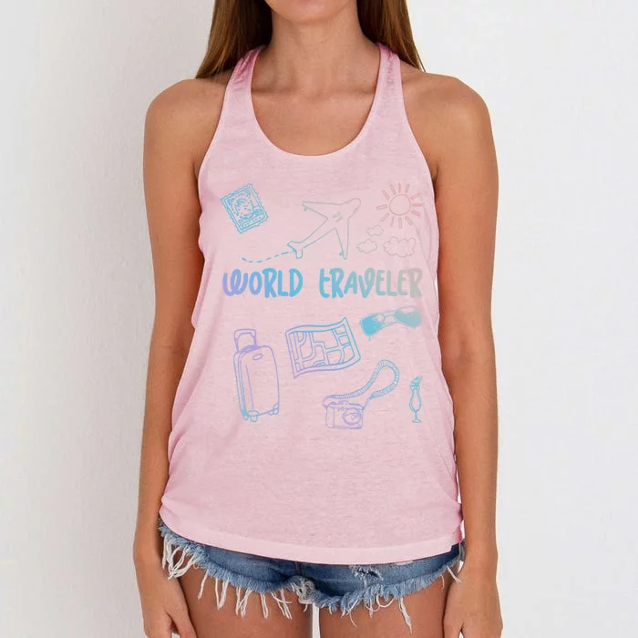 World Traveler Holiday Doodles Vintage Travel Lover Gift Women's Knotted Racerback Tank