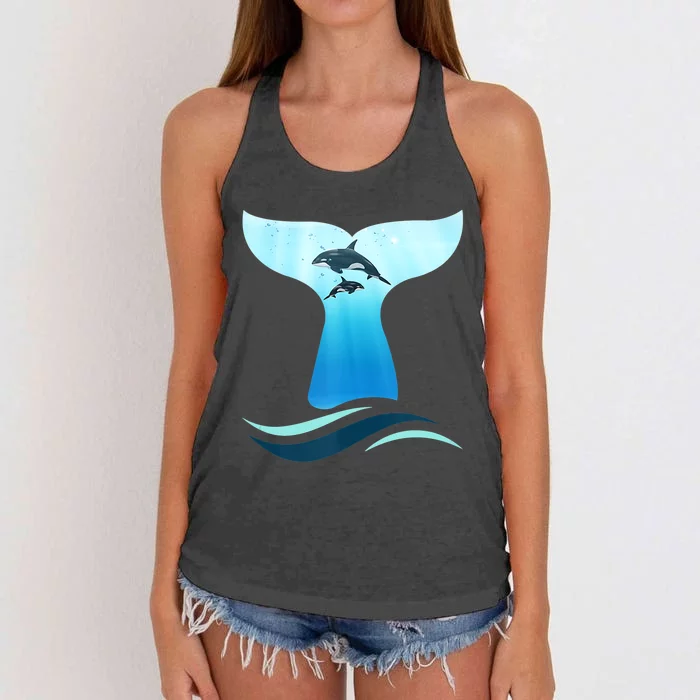 Whale Tail In Waves Orcas Underwater Ocean Women's Knotted Racerback Tank