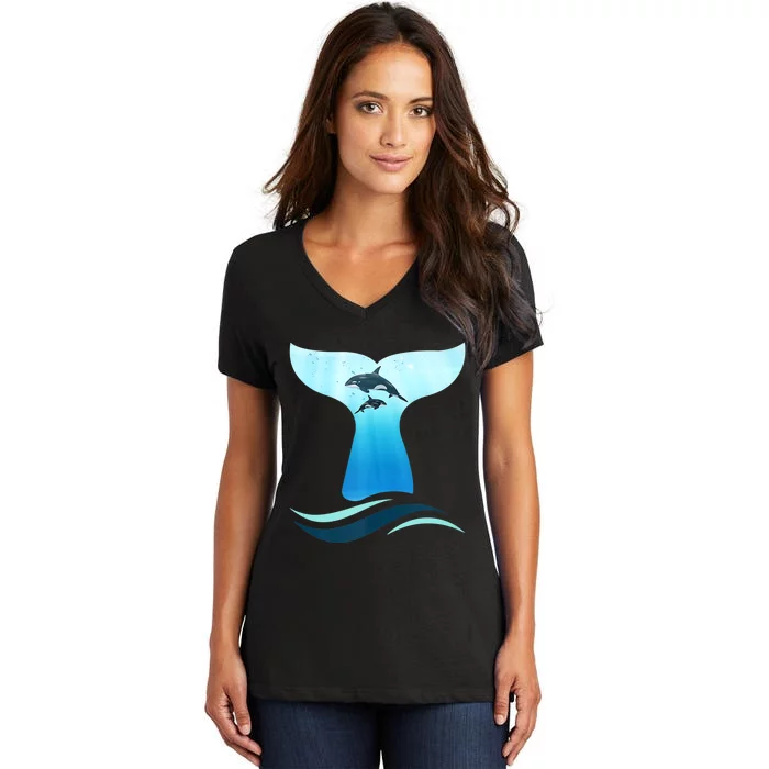 Whale Tail In Waves Orcas Underwater Ocean Women's V-Neck T-Shirt