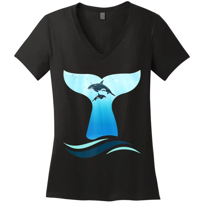 Whale Tail In Waves Orcas Underwater Ocean Women's V-Neck T-Shirt