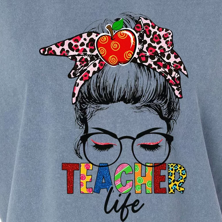 Womens Teacher Life Leopard Bandana Messy Bun Funny Teacher Gifts Garment-Dyed Women's Muscle Tee