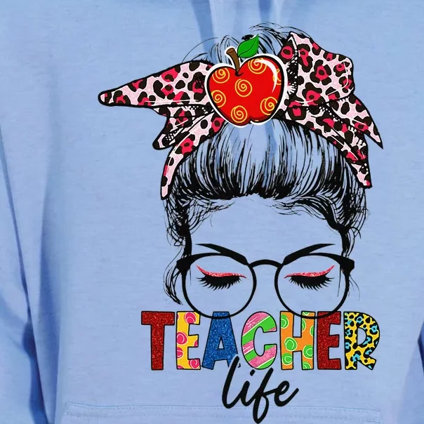 Womens Teacher Life Leopard Bandana Messy Bun Funny Teacher Gifts Unisex Surf Hoodie