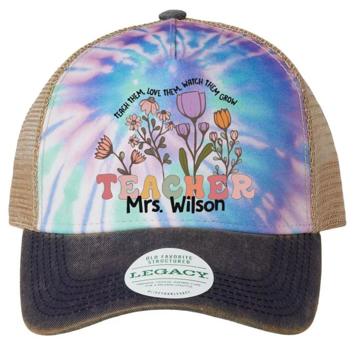 Wildflower Teacher Name Groovy Teacher Legacy Tie Dye Trucker Hat