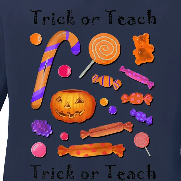 Wo Trick Or Teach Funny Teacher Halloween Ladies Long Sleeve Shirt