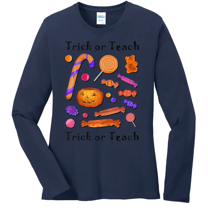 Wo Trick Or Teach Funny Teacher Halloween Ladies Long Sleeve Shirt