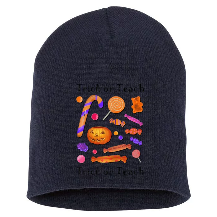 Wo Trick Or Teach Funny Teacher Halloween Short Acrylic Beanie