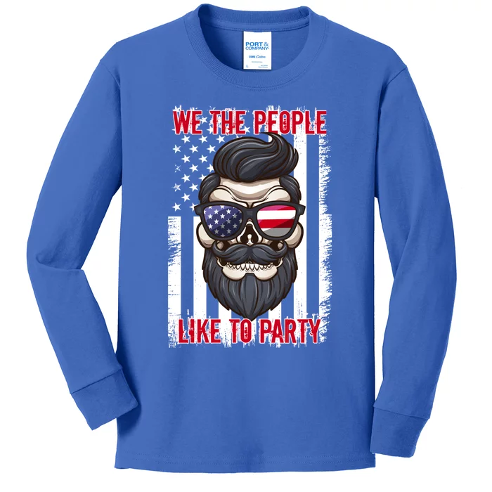 We The People Like To Party 4th Of July American Beard Skull Cute Gift Kids Long Sleeve Shirt