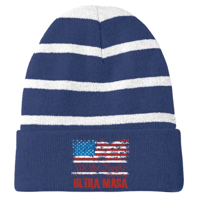 We The People Ultra MAGA King Vintage USA Flag Pride Striped Beanie with Solid Band