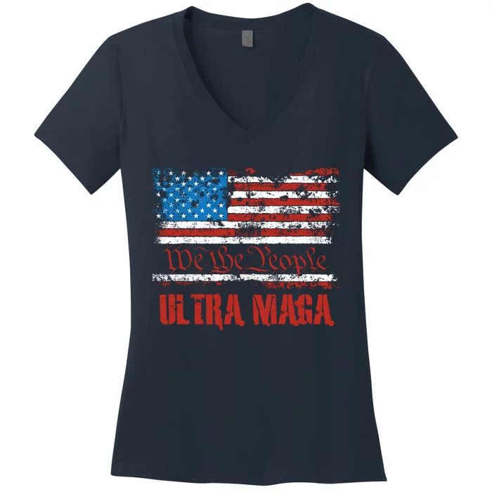 We The People Ultra MAGA King Vintage USA Flag Pride Women's V-Neck T-Shirt