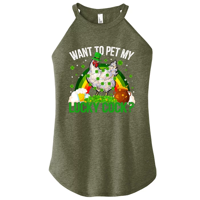 Want To Pet My Lucky Cock Funny St Patrick Day Adult Women’s Perfect Tri Rocker Tank