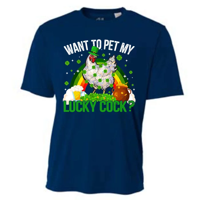 Want To Pet My Lucky Cock Funny St Patrick Day Adult Cooling Performance Crew T-Shirt