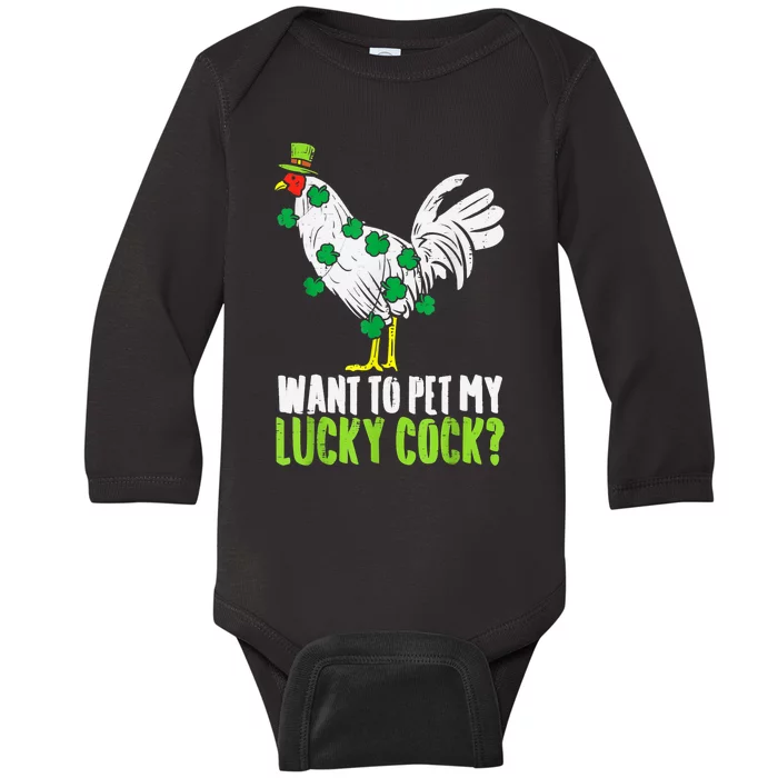 Want To Pet My Lucky Cock Funny St Patrick Day Men Gifts Baby Long Sleeve Bodysuit