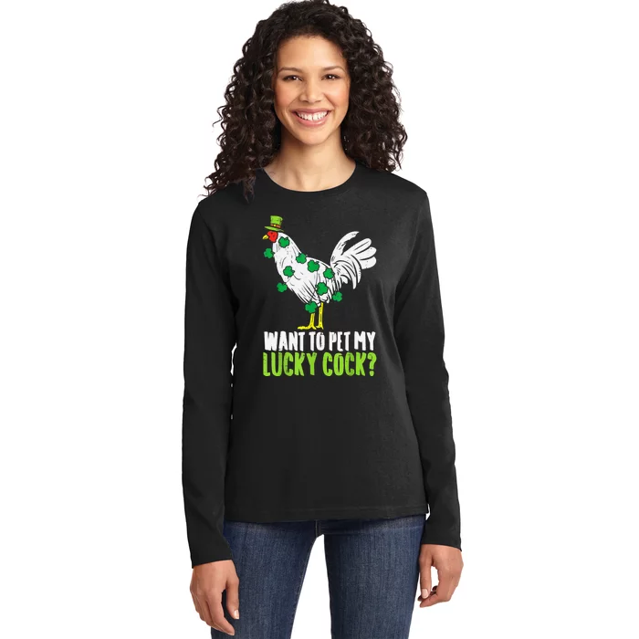 Want To Pet My Lucky Cock Funny St Patrick Day Men Gifts Ladies Long Sleeve Shirt