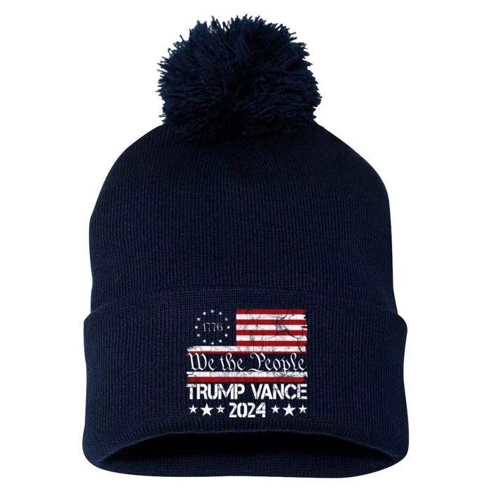 We The People Trump Vance 2024 Usa Vintage Flag Pom Pom 12in Knit Beanie