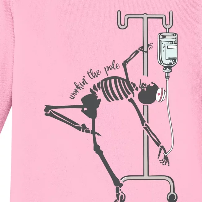 Working The Pole Funny Nurse Dancing Skeleton Halloween Cute Baby Long Sleeve Bodysuit