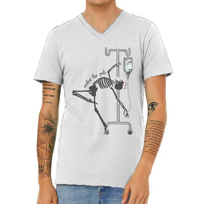 Working The Pole Funny Nurse Dancing Skeleton Halloween Cute V-Neck T-Shirt