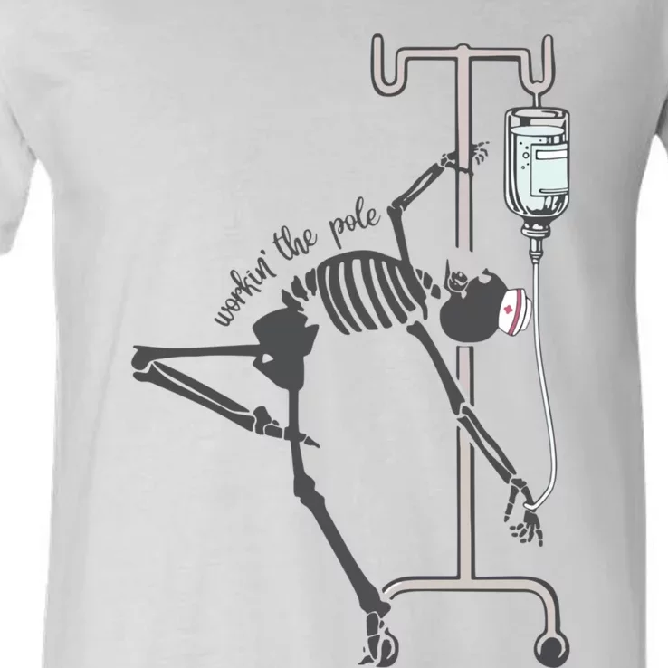 Working The Pole Funny Nurse Dancing Skeleton Halloween Cute V-Neck T-Shirt