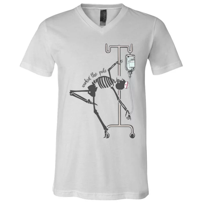 Working The Pole Funny Nurse Dancing Skeleton Halloween Cute V-Neck T-Shirt