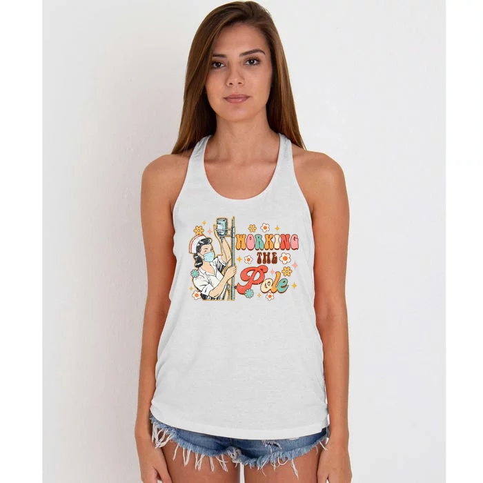 Working The Pole Icu Nurse Emergency Nursing Women's Knotted Racerback Tank