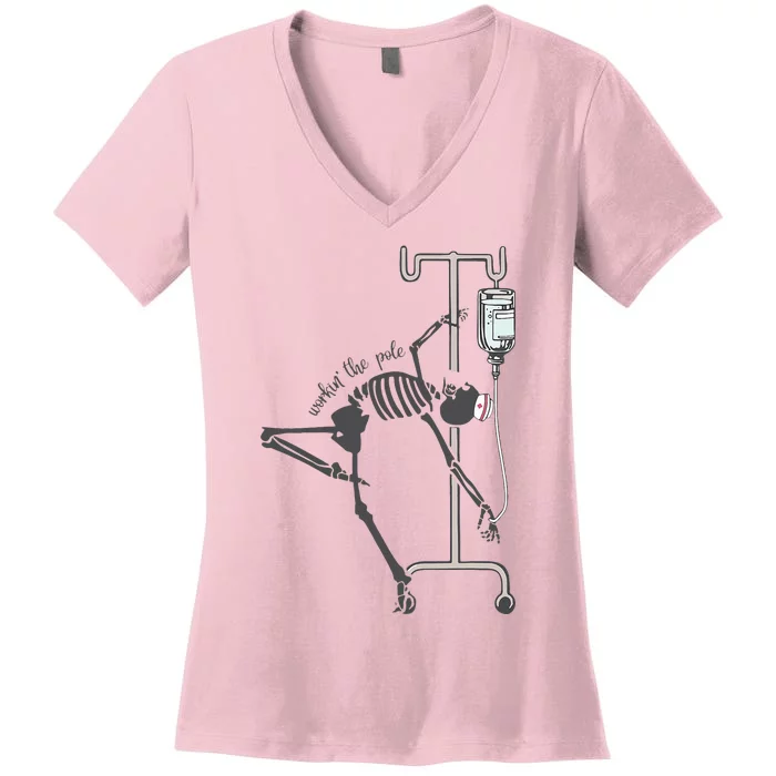 Working The Pole Funny Nurse Dancing Skeleton Women's V-Neck T-Shirt