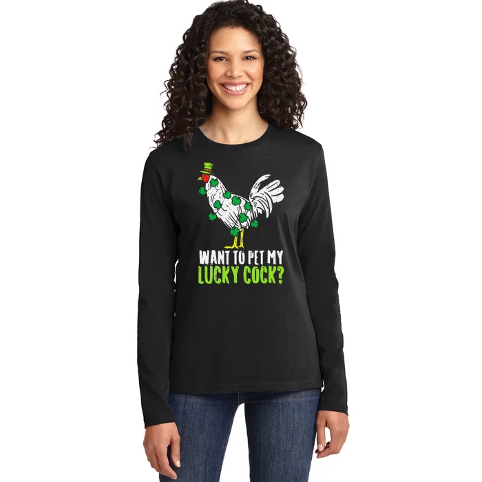 Want To Pet My Lucky Cock Funny St Patrick Day Ladies Long Sleeve Shirt