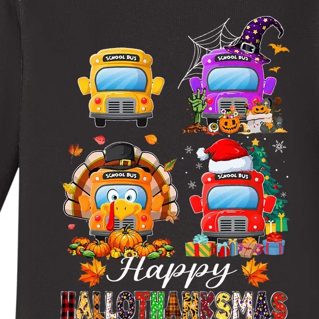 Witch Turkey Santa School Buses Happy HalloThanksMas Baby Long Sleeve Bodysuit