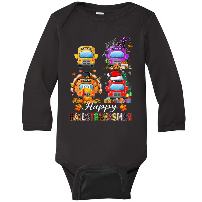 Witch Turkey Santa School Buses Happy HalloThanksMas Baby Long Sleeve Bodysuit