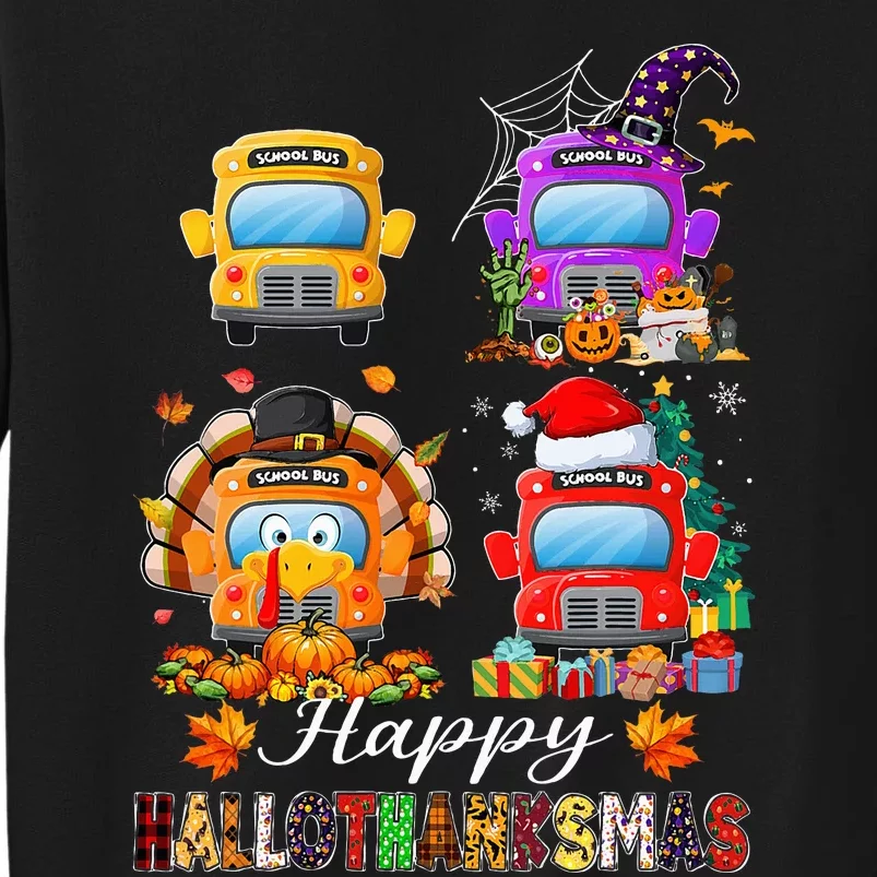 Witch Turkey Santa School Buses Happy HalloThanksMas Tall Sweatshirt