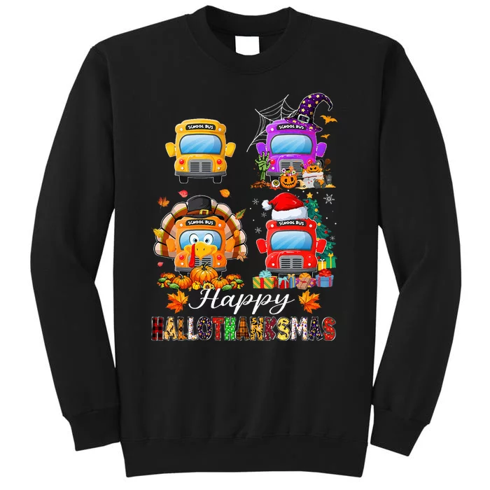 Witch Turkey Santa School Buses Happy HalloThanksMas Tall Sweatshirt