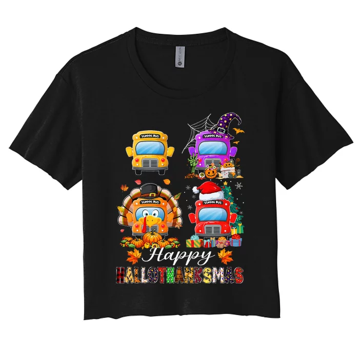 Witch Turkey Santa School Buses Happy HalloThanksMas Women's Crop Top Tee