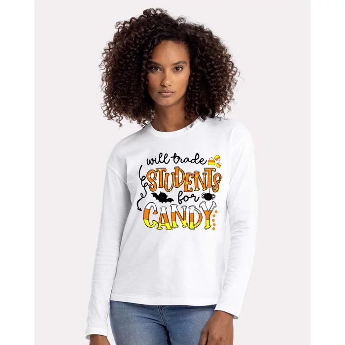 Will Trade Students For Candy Teacher Halloween Womens Cotton Relaxed Long Sleeve T-Shirt