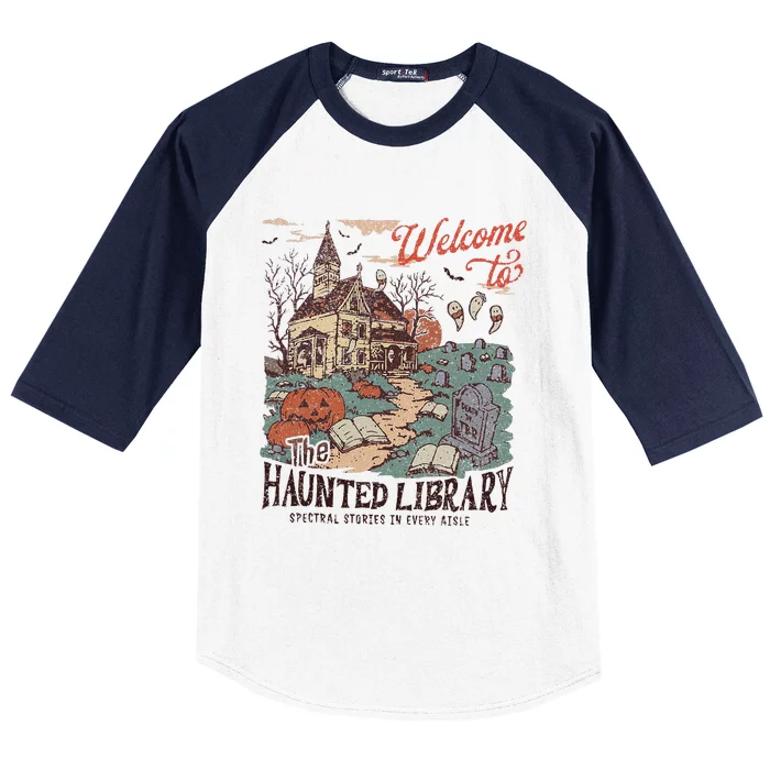 Welcome To The Haunted Library Spooky Librarian Halloween Baseball Sleeve Shirt