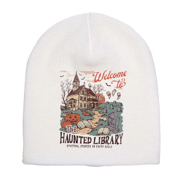 Welcome To The Haunted Library Spooky Librarian Halloween Short Acrylic Beanie