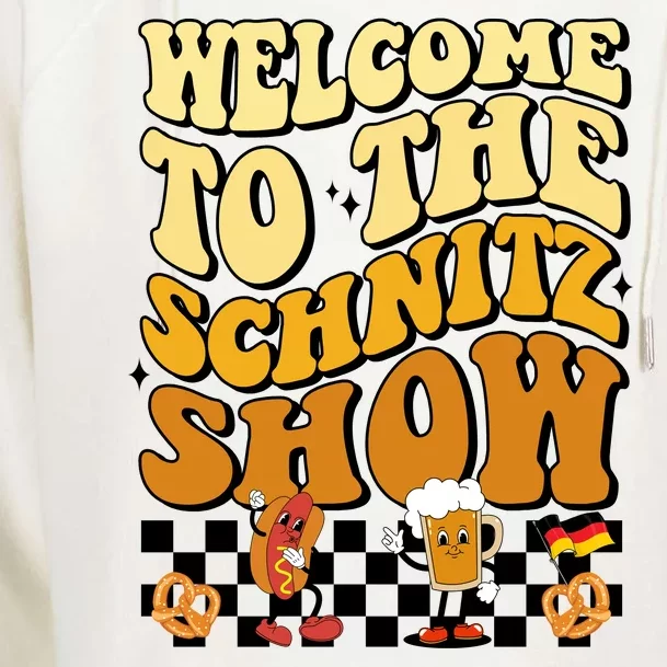 Welcome To The Schnitz Show Oktoberfest Retro Groovy Womens Funnel Neck Pullover Hood