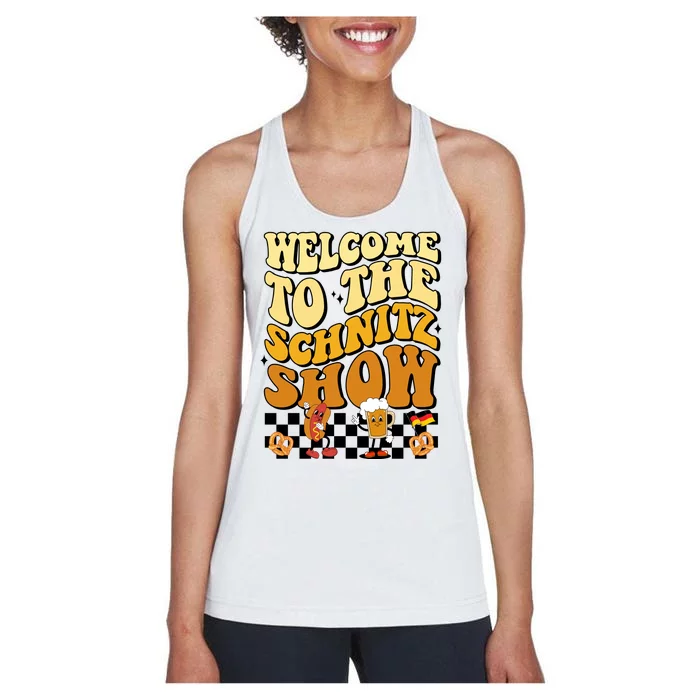 Welcome To The Schnitz Show Oktoberfest Retro Groovy Women's Racerback Tank