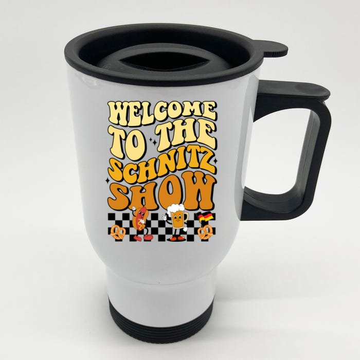 Welcome To The Schnitz Show Oktoberfest Retro Groovy Front & Back Stainless Steel Travel Mug