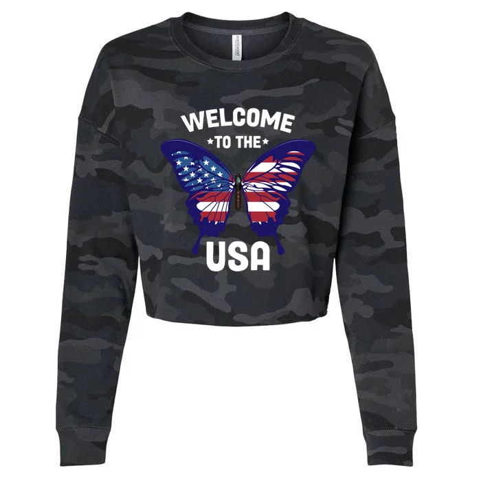 Welcome To The Usa Patriotic Butterfly New American Citizen Funny Gift Cropped Pullover Crew