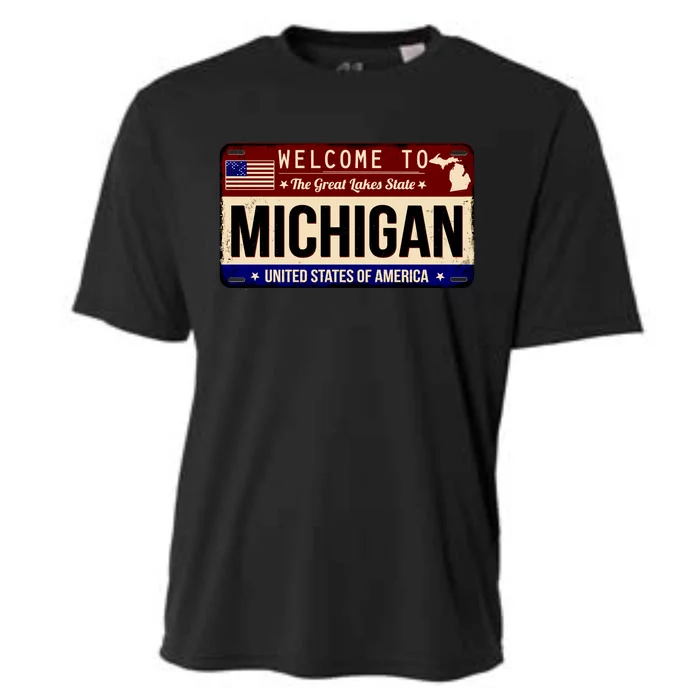 Welcome To The Great Lakes State USA License Plate Michigan Cooling Performance Crew T-Shirt