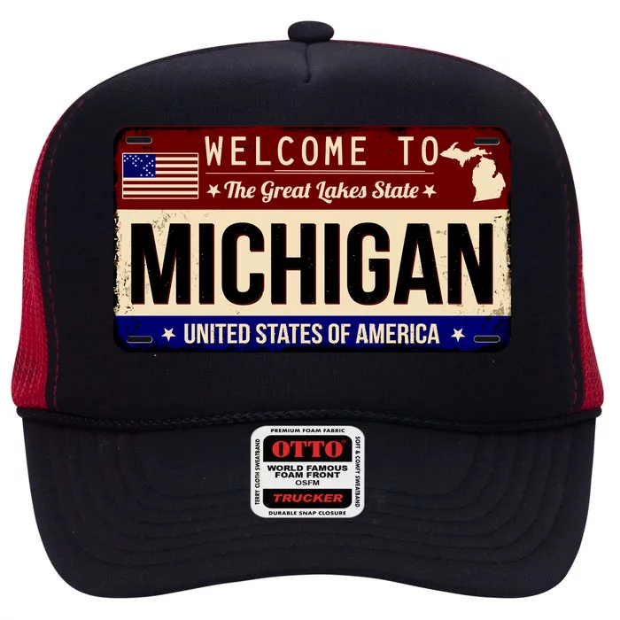 Welcome To The Great Lakes State USA License Plate Michigan High Crown Mesh Trucker Hat