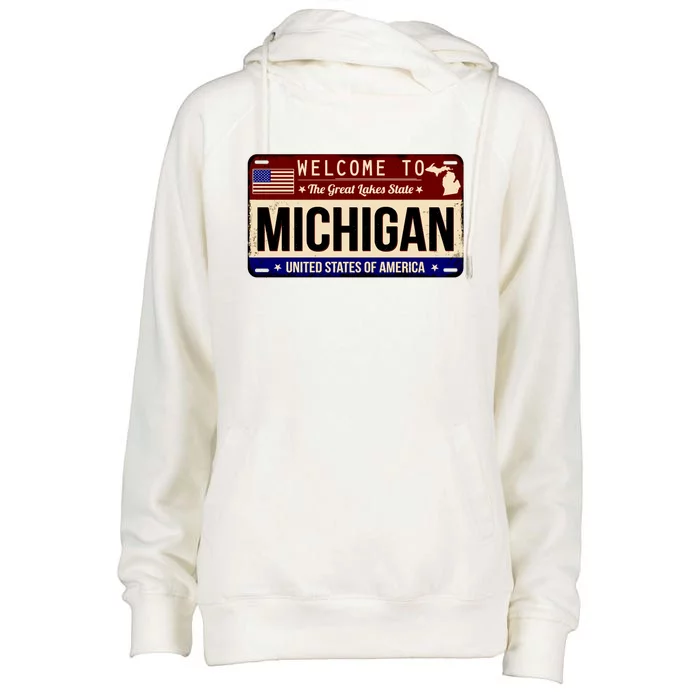 Welcome To The Great Lakes State USA License Plate Michigan Womens Funnel Neck Pullover Hood