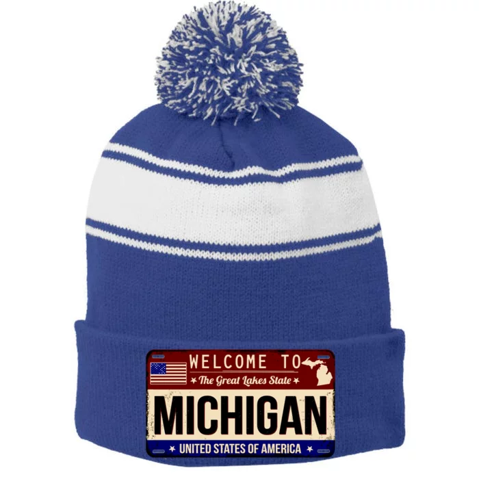 Welcome To The Great Lakes State USA License Plate Michigan Stripe Pom Pom Beanie