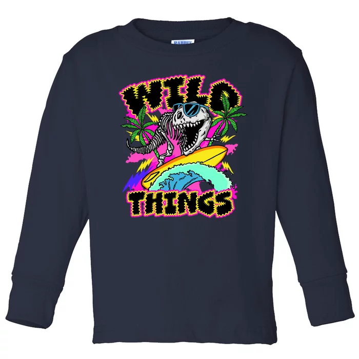 Wild Things T Rex Surfing Toddler Long Sleeve Shirt