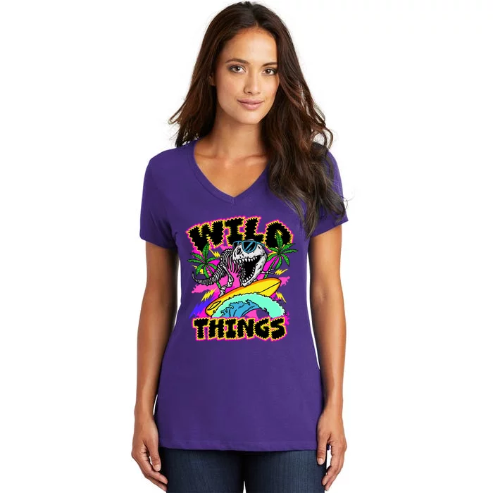 Wild Things T Rex Surfing Women's V-Neck T-Shirt