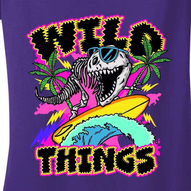 Wild Things T Rex Surfing Women's V-Neck T-Shirt