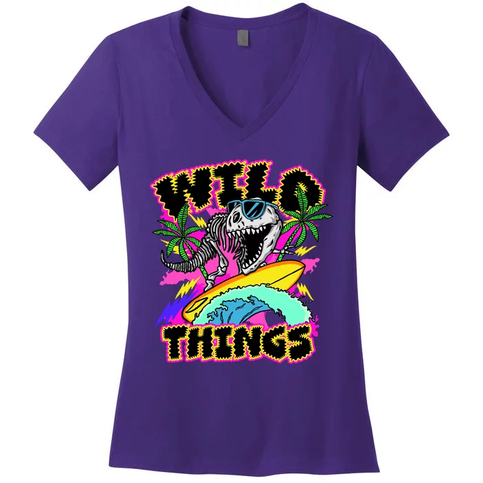 Wild Things T Rex Surfing Women's V-Neck T-Shirt